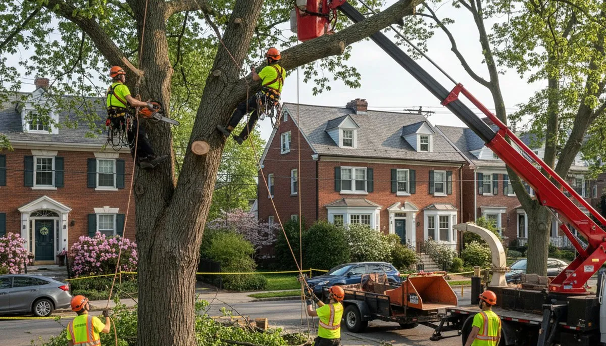 Professional arborists performing safe tree removal with bucket truck in Cambridge, MA residential area