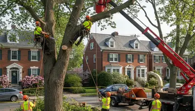 Professional arborists performing safe tree removal with bucket truck in Cambridge, MA residential area