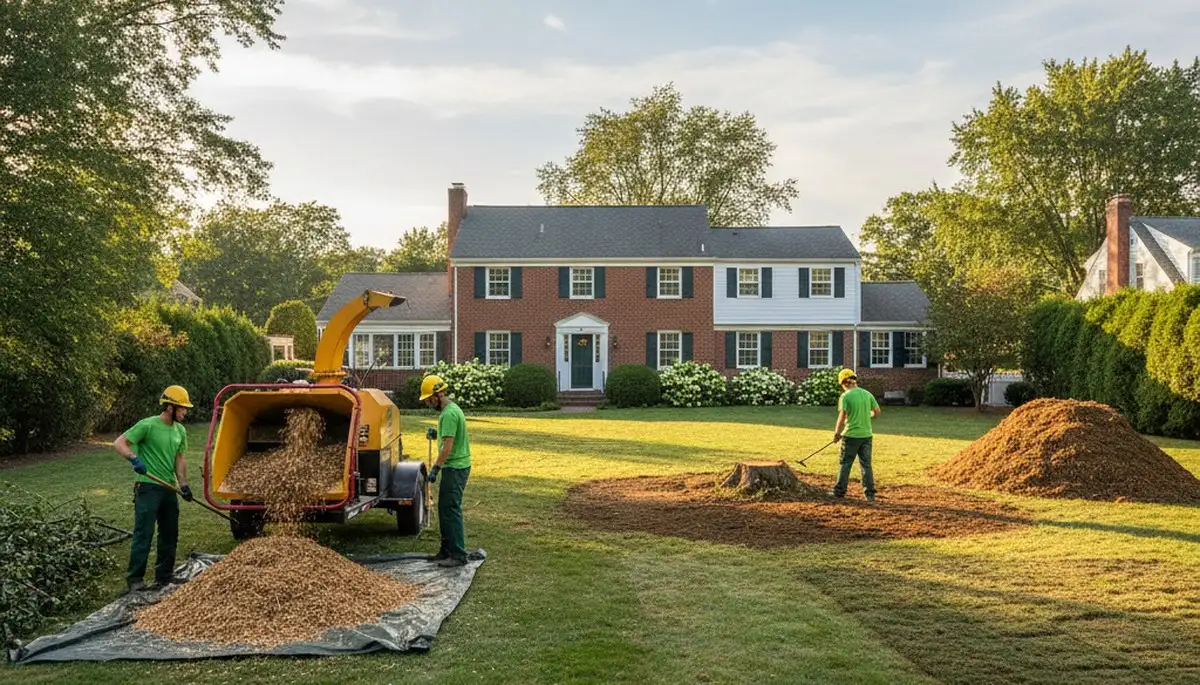 Complete tree removal and yard restoration with debris cleanup in Cambridge, MA by professional crew