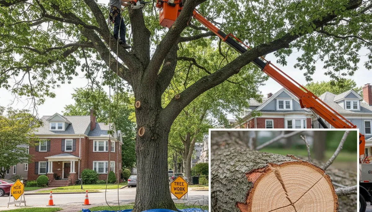 Arborist removing dead branches from Cambridge MA tree with safety gear and precision trimming tools