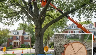 Arborist removing dead branches from Cambridge MA tree with safety gear and precision trimming tools