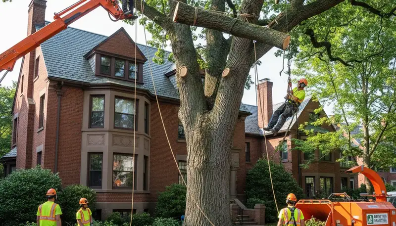 Arborists performing large tree removal with bucket truck and rigging in Cambridge, MA residential area