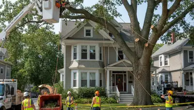 Arborists using bucket truck for large tree removal at residential property in Cambridge, MA