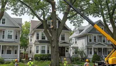Arborists performing large tree removal with bucket truck in Roxbury Crossing, MA near Cambridge homes