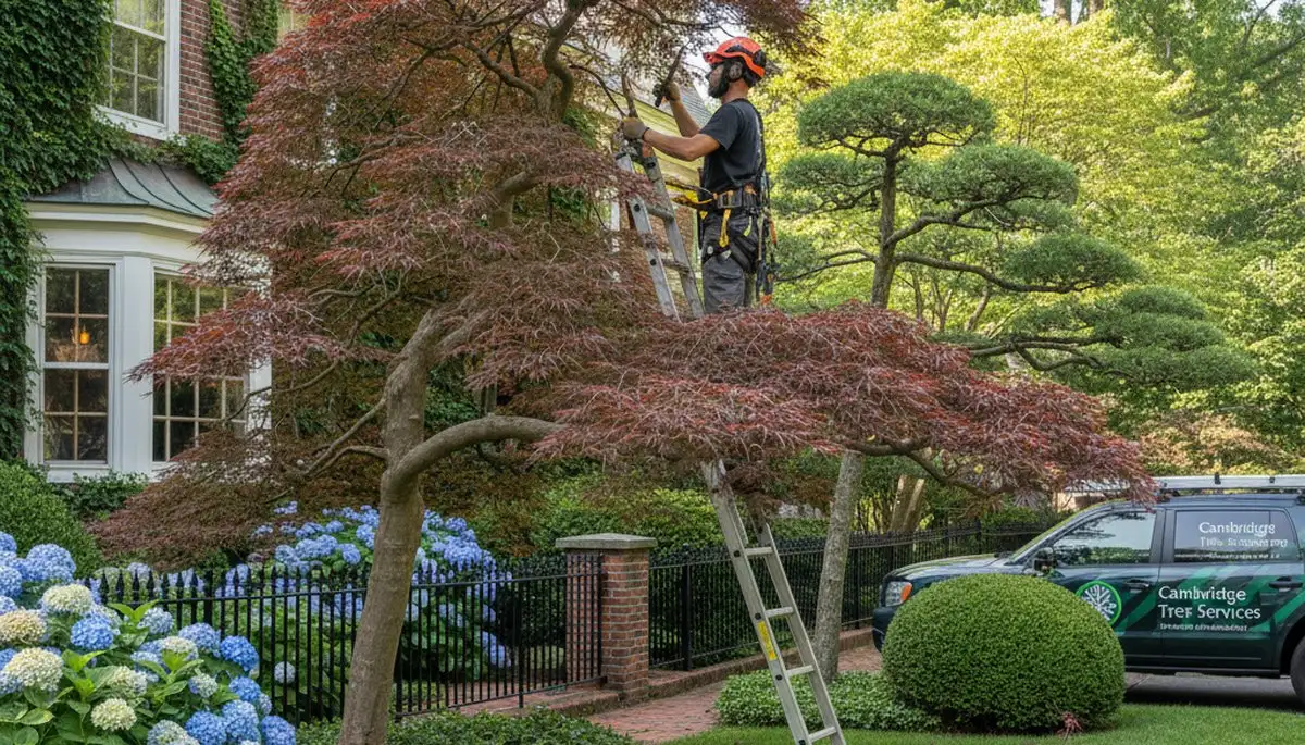 Arborist hand pruning ornamental Japanese maple in Cambridge MA residential yard for better tree shape