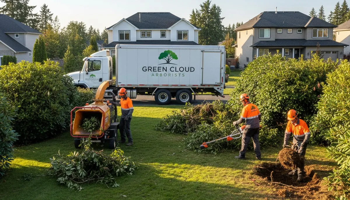 Professional shrub removal crew working in a Cambridge MA yard removing overgrown bushes safely