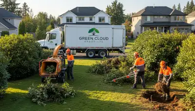 Professional shrub removal crew working in a Cambridge MA yard removing overgrown bushes safely