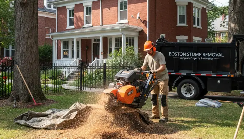 Professional stump grinding service removing tree stumps in Cambridge, MA for yard restoration