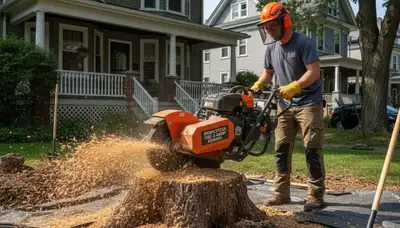 Professional stump grinding service removing tree stumps in Dorchester Center, MA yard