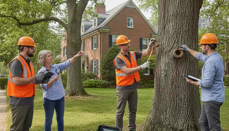 Certified arborist performing tree health assessment in Cambridge, MA for safe residential tree care
