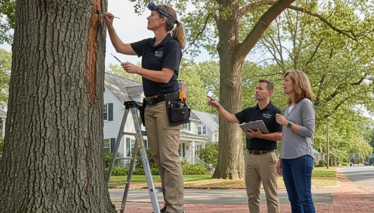 Certified arborist performing tree health assessment for homeowners in Charlestown, MA
