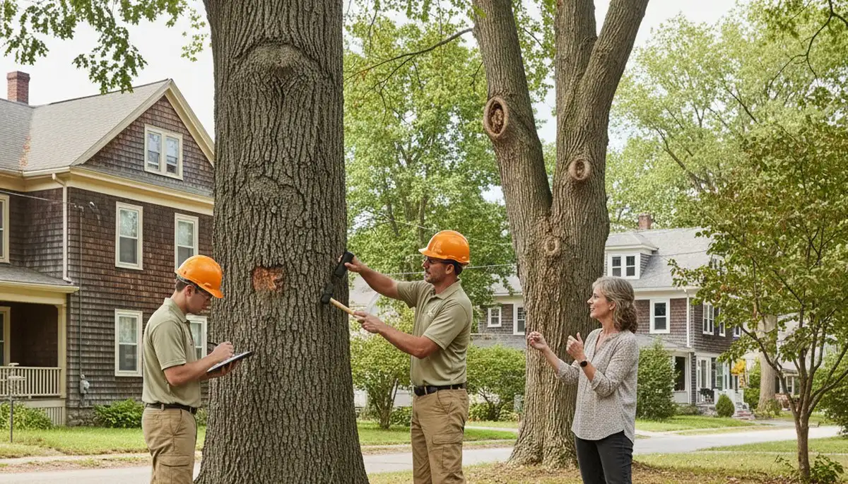 Certified arborist performing tree health assessment for homeowners in Cambridge, MA