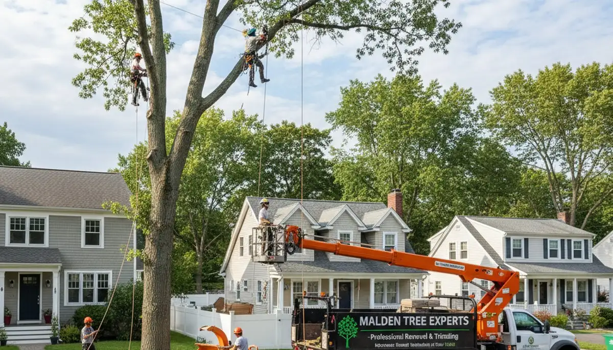 Professional tree removal service crew in Cambridge, MA safely cutting and clearing large trees
